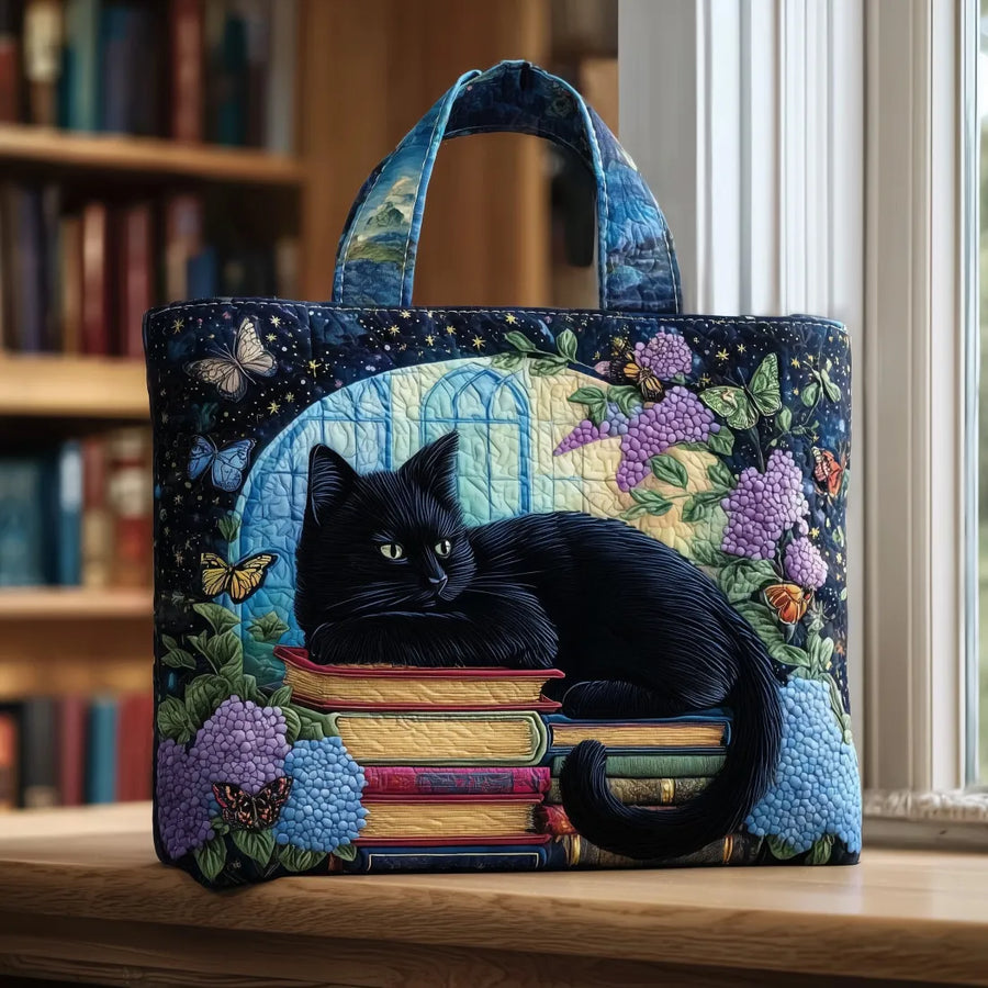 Handmade Tote Bag - Black Cat on Books