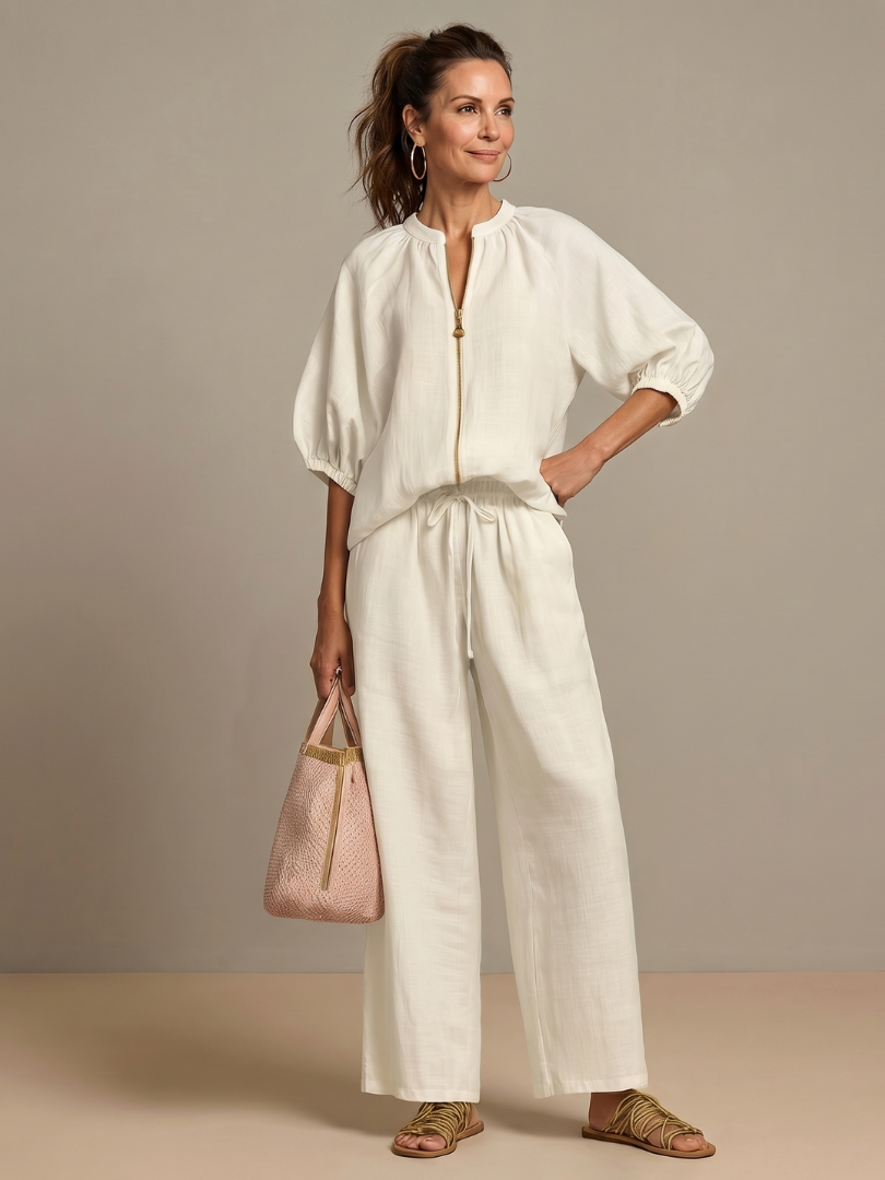 Natalia | Top Blouson with Zipper and Wide Leg Pants