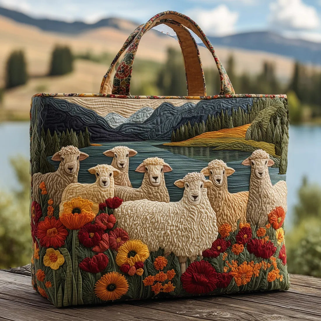Handmade Tote Bag - Sheep on the Lake