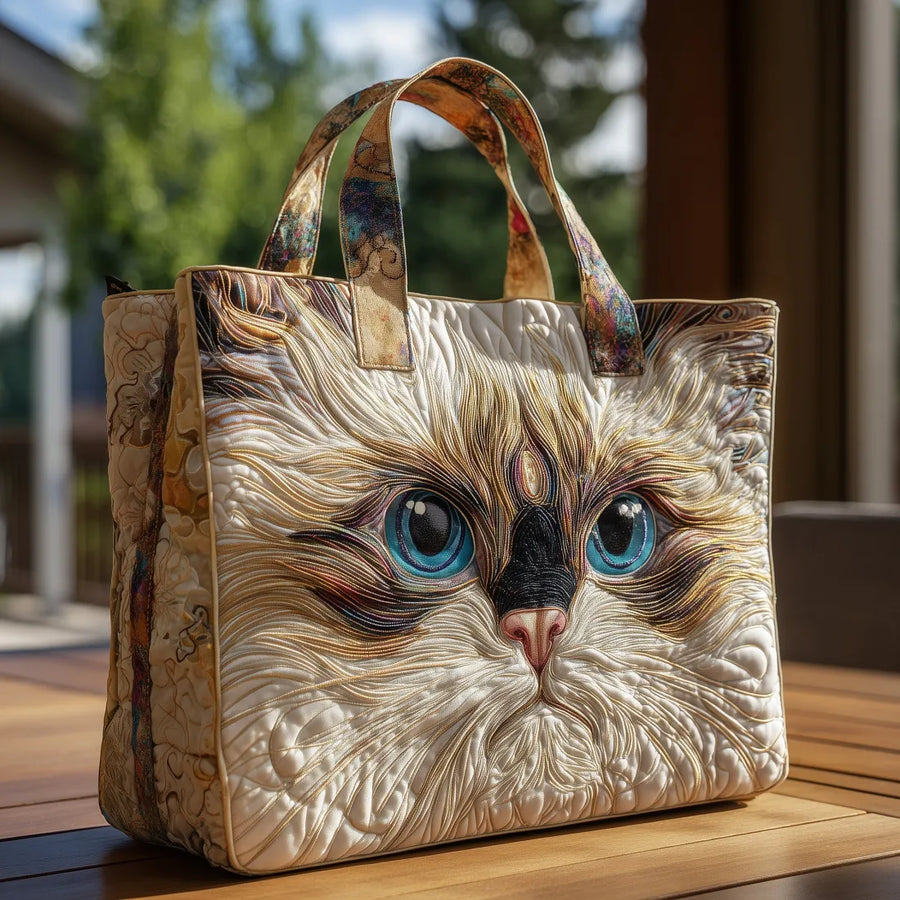 Handmade Tote Bag - White Cat with Blue Eyes