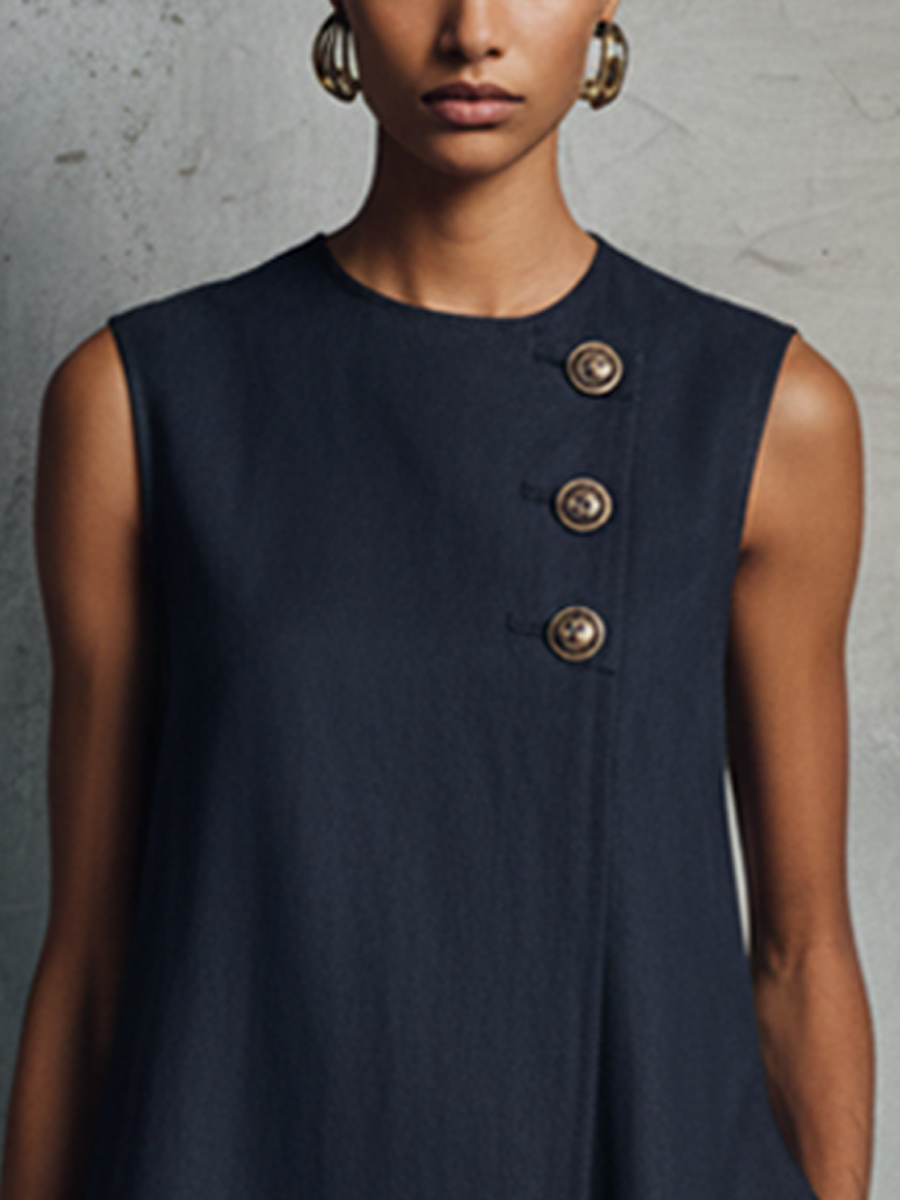 Nancy | Navy Sleeveless Mini Dress with Round Neck & Button Detail