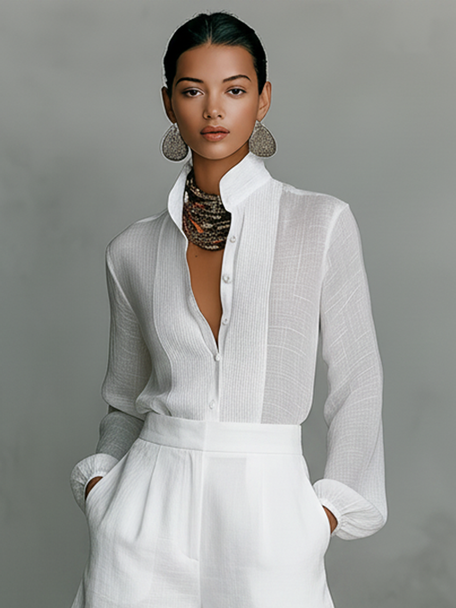 Janine | White High-Neck Shirt & Shorts Set