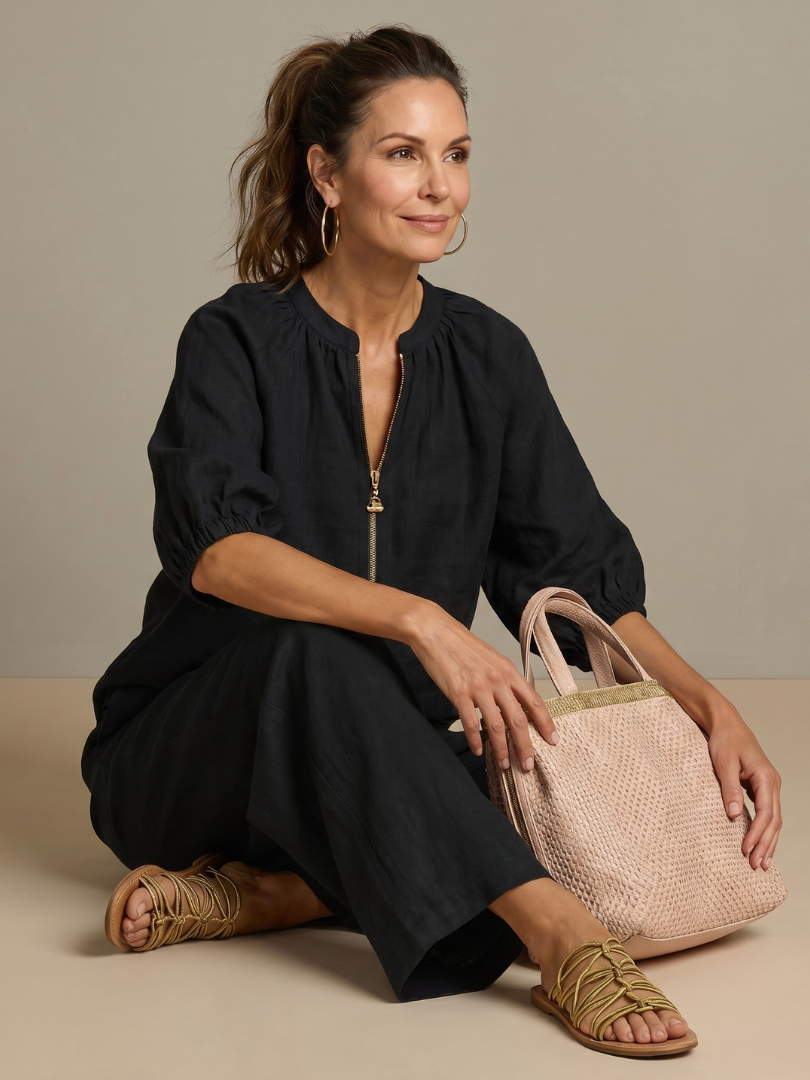 Natalia | Top Blouson with Zipper and Wide Leg Pants