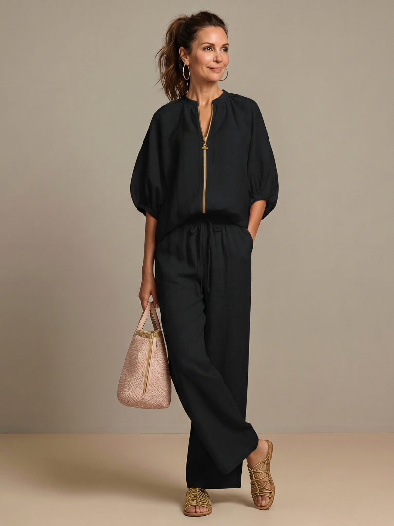 Natalia | Top Blouson with Zipper and Wide Leg Pants