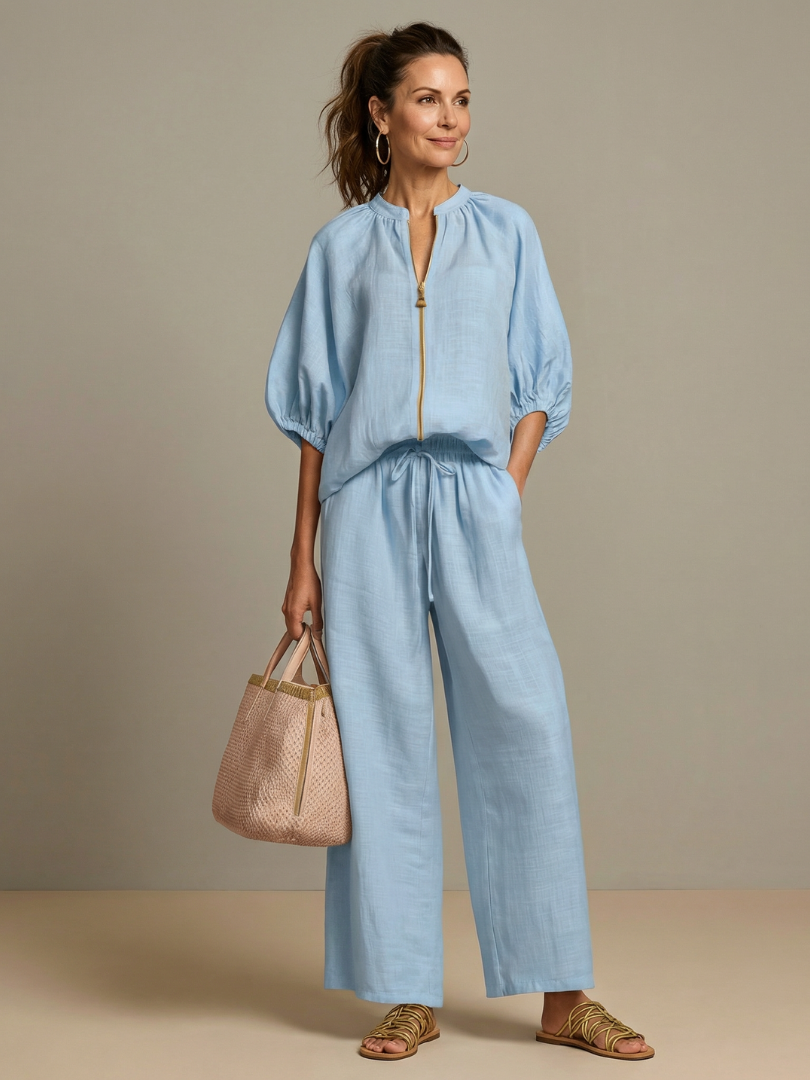 Natalia | Top Blouson with Zipper and Wide Leg Pants