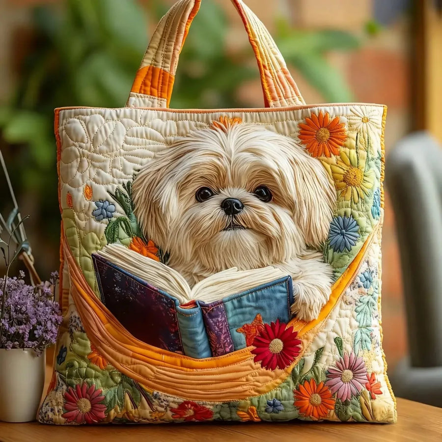 Handmade Tote Bag - Shih Tzu with Books and Flowers