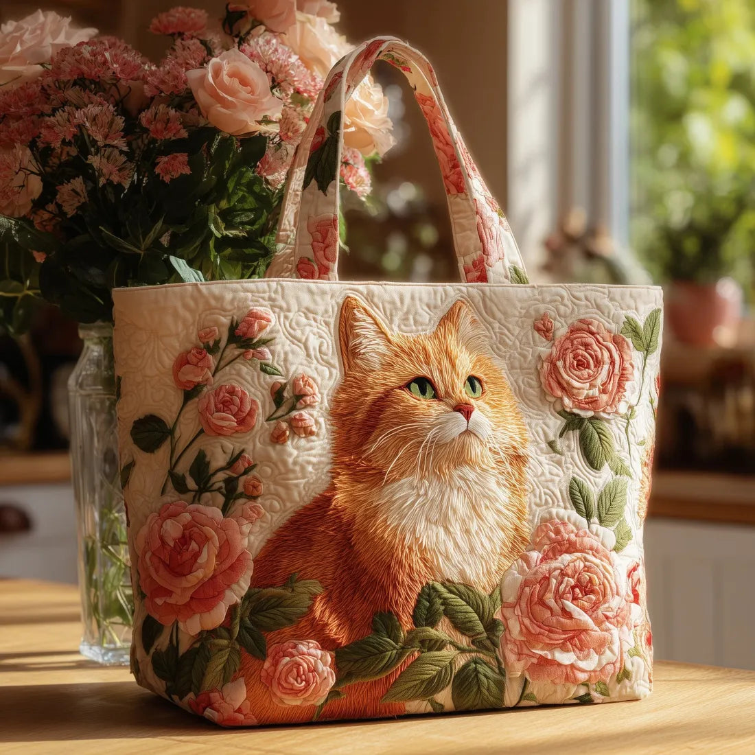 Handmade Tote Bag - Red Cat with Roses