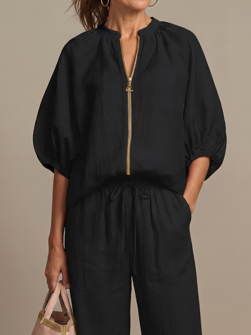 Natalia | Top Blouson with Zipper and Wide Leg Pants
