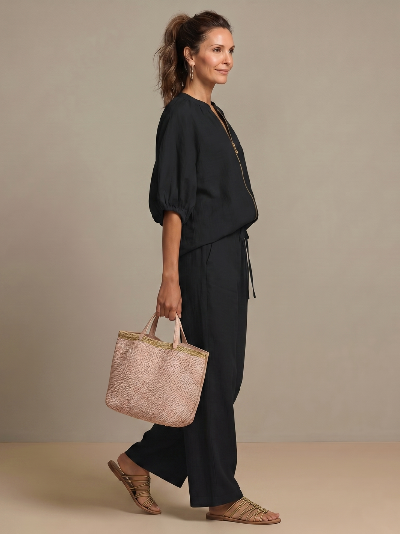Natalia | Top Blouson with Zipper and Wide Leg Pants