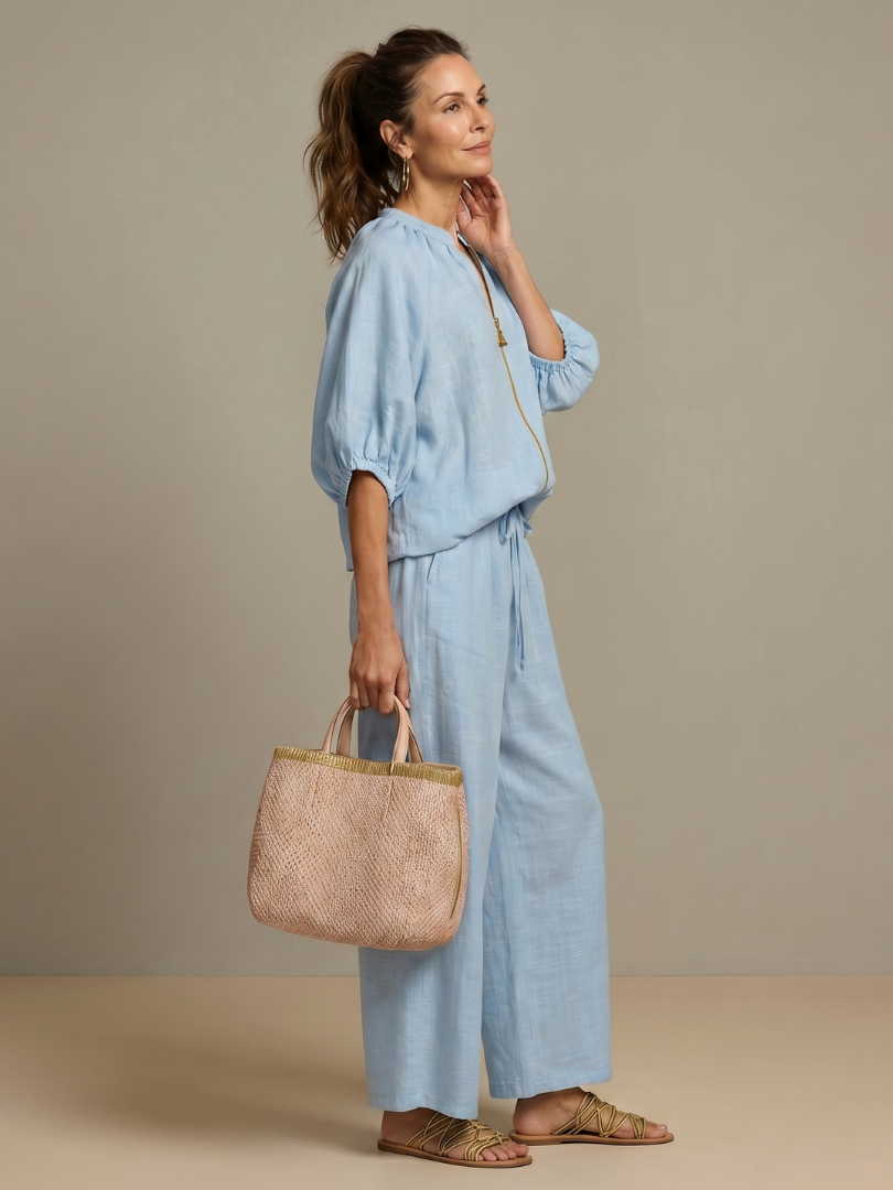 Natalia | Top Blouson with Zipper and Wide Leg Pants