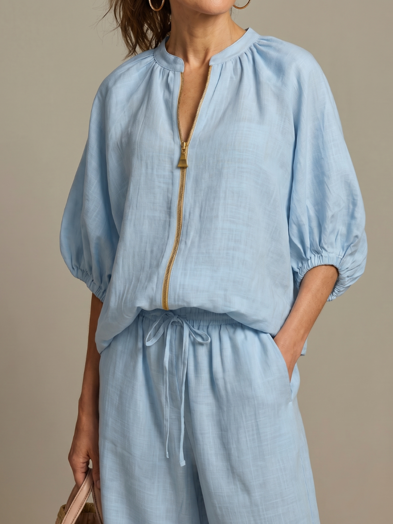 Natalia | Top Blouson with Zipper and Wide Leg Pants