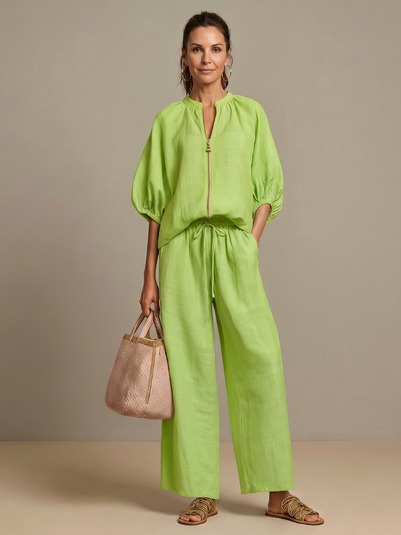 Natalia | Top Blouson with Zipper and Wide Leg Pants