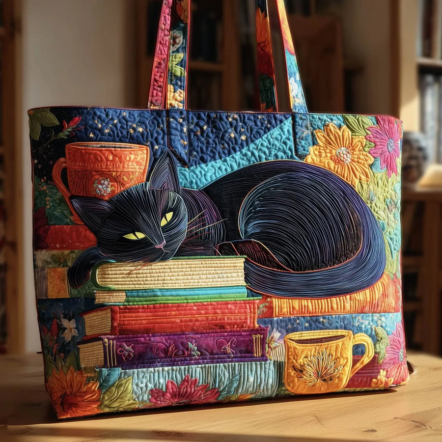 Handmade Tote Bag - Black Cat with Books and Mugs
