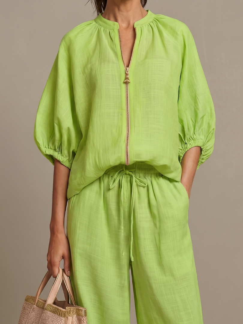Natalia | Top Blouson with Zipper and Wide Leg Pants