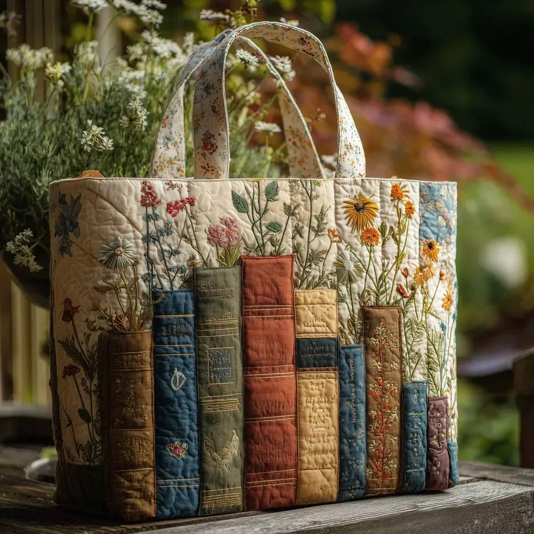 Quilted Artisan Bag - Books and Flowers