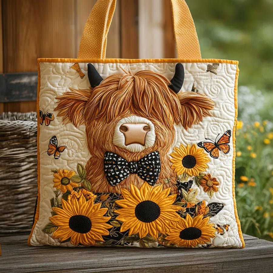 Quilted Tote Bag - Highland Cow and Sunflowers