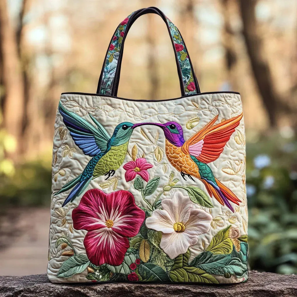 Quilted Tote Bag - Hummingbirds and White Flowers