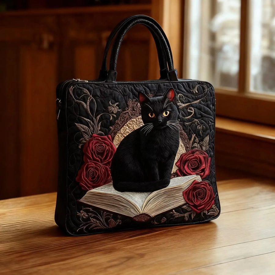 Quilted Handmade Bag – Black Cat on Books