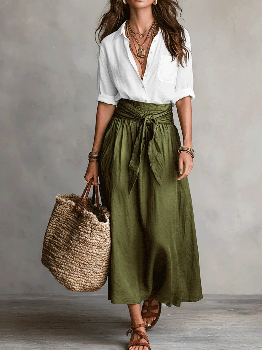 Jennifer | Two-Piece Set: Black Top and Olive Green Midi Skirt