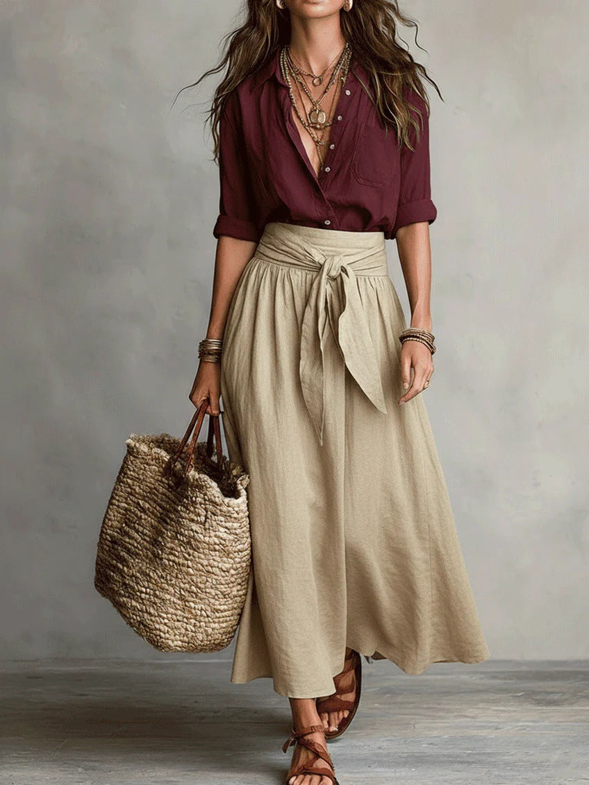 Jennifer | Two-Piece Set: Black Top and Olive Green Midi Skirt