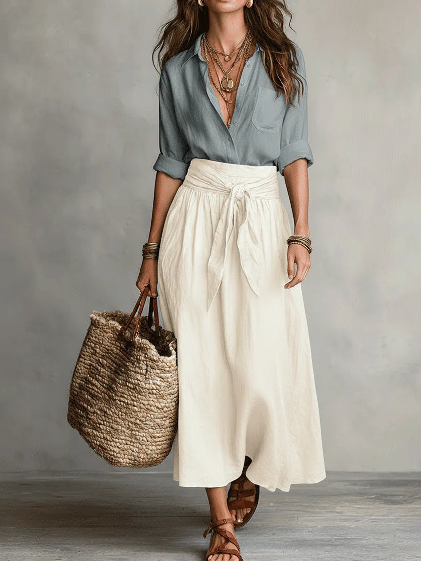 Jennifer | Two-Piece Set: Black Top and Olive Green Midi Skirt