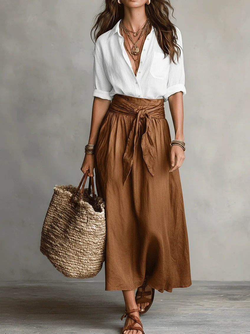 Jennifer | Two-Piece Set: Black Top and Olive Green Midi Skirt