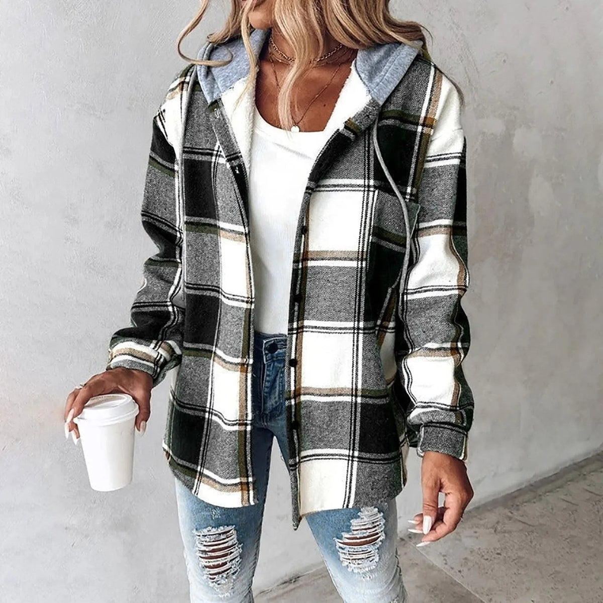 Hooded Plaid Shirt Jacket Carol