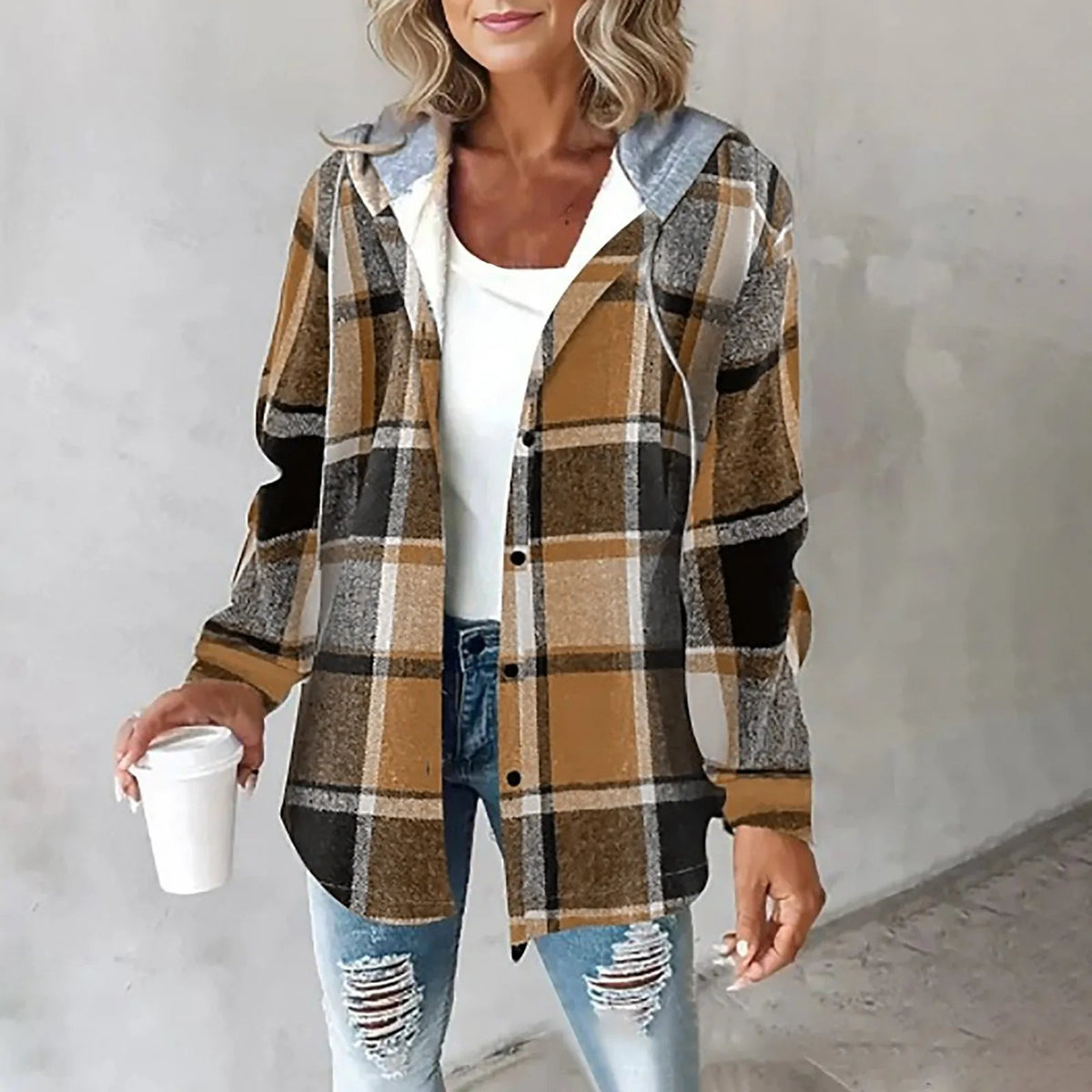 Hooded Plaid Shirt Jacket Carol