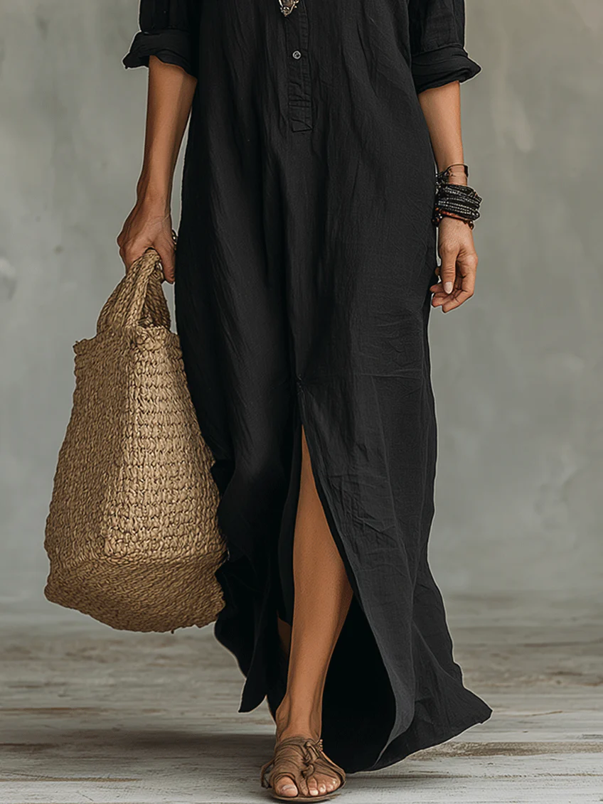 Alessia - Elegant Black Maxi Dress with Buttons