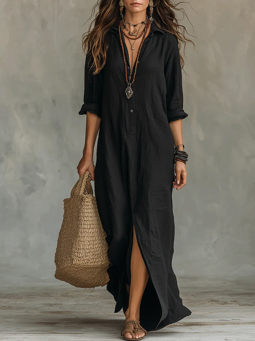 Alessia - Elegant Black Maxi Dress with Buttons