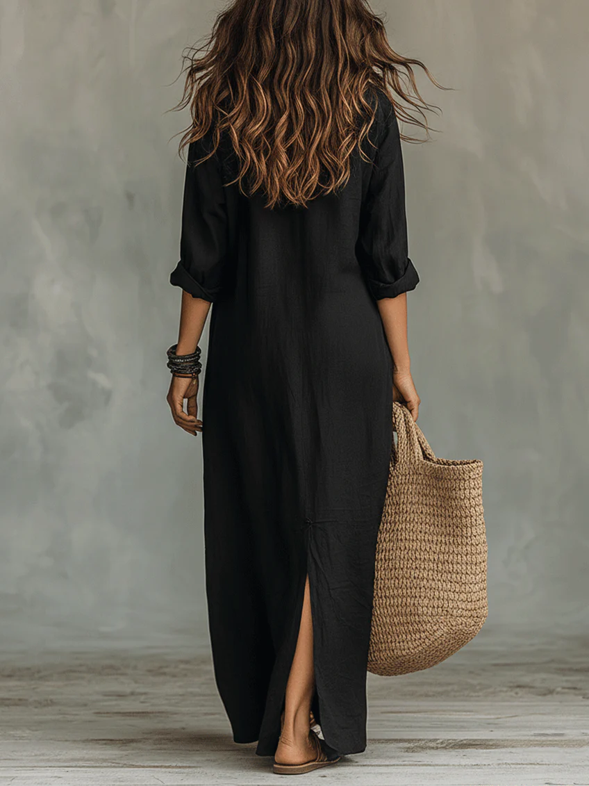 Alessia - Elegant Black Maxi Dress with Buttons