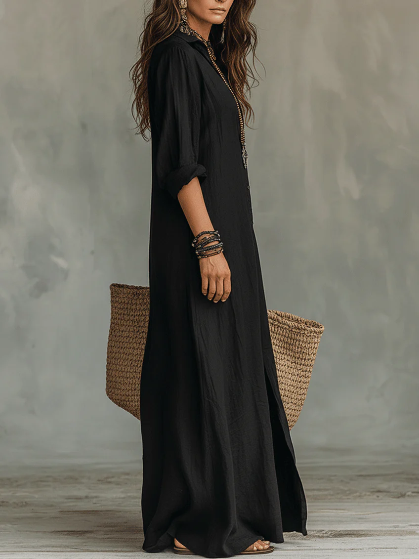 Alessia - Elegant Black Maxi Dress with Buttons