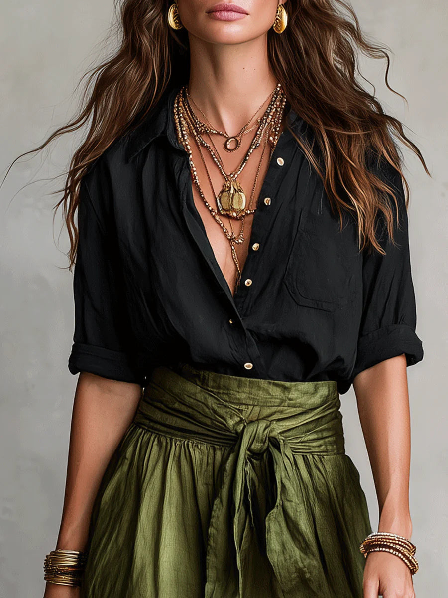 Jennifer | Two-Piece Set: Black Top and Olive Green Midi Skirt