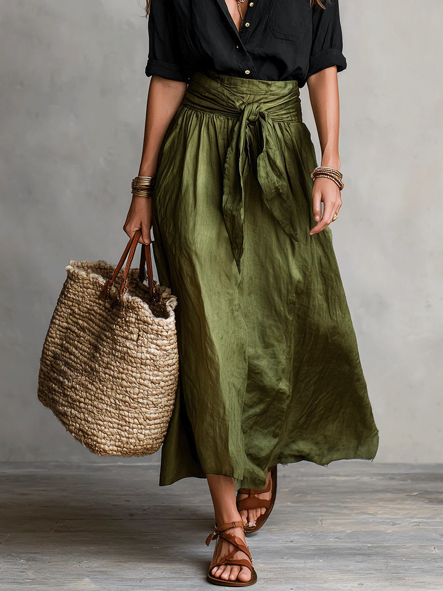 Jennifer | Two-Piece Set: Black Top and Olive Green Midi Skirt