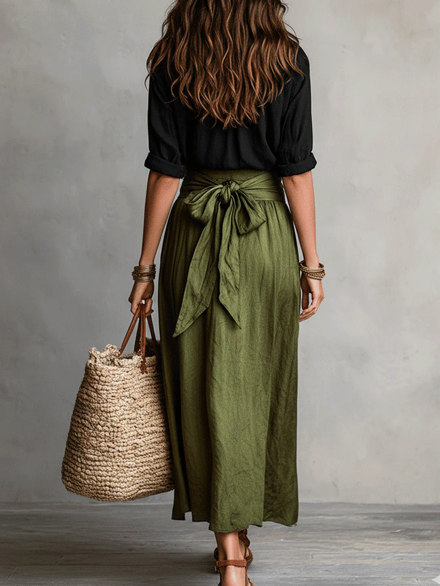 Jennifer | Two-Piece Set: Black Top and Olive Green Midi Skirt