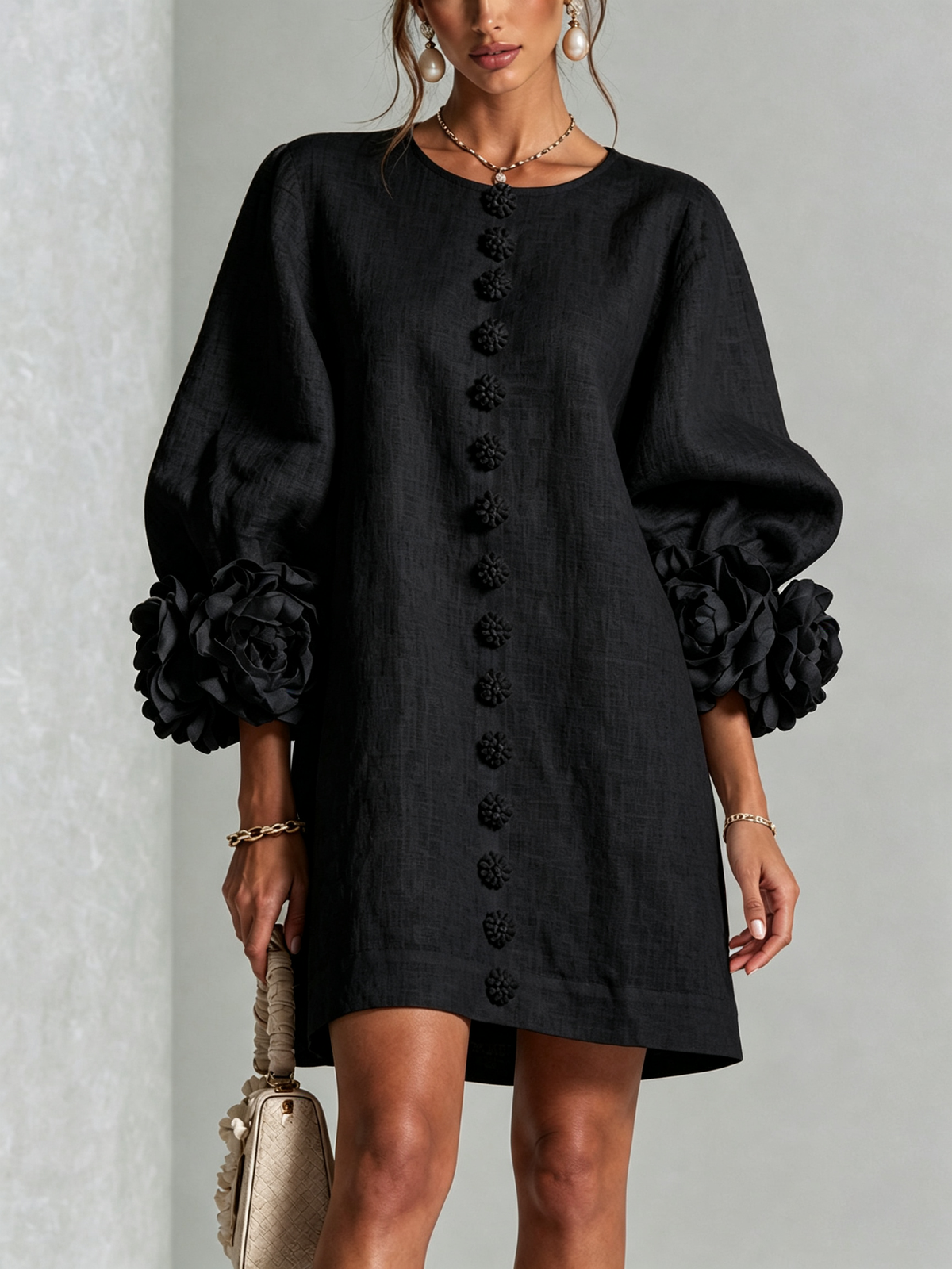 Vynexa | Floral-Cuff Button-Front Mini Dress
