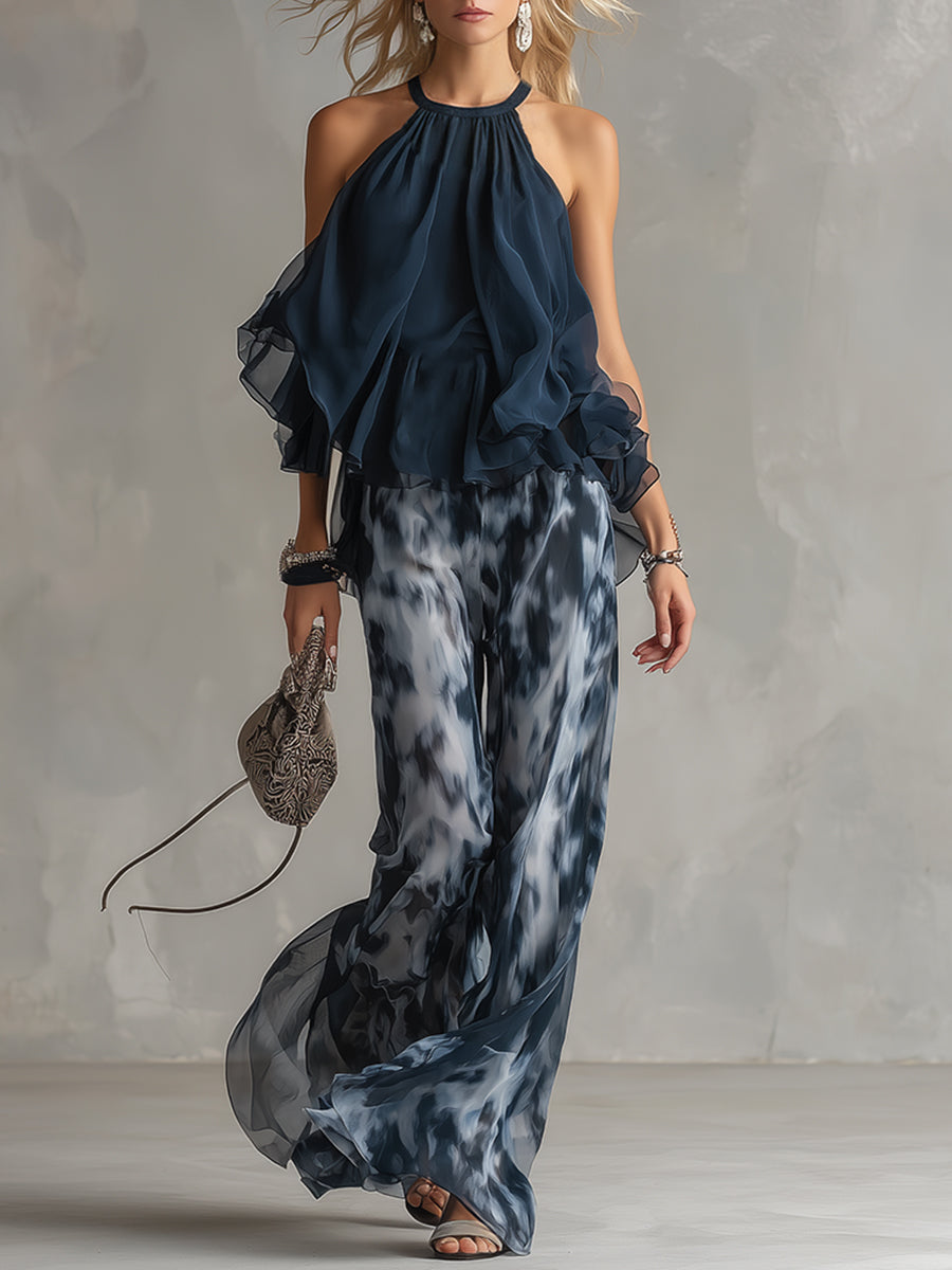 Ludovica | Elegant Set with High-Neck Top and Wide-Cut Printed Pants