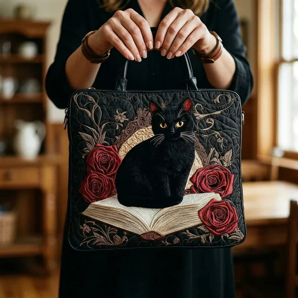 Quilted Handmade Bag – Black Cat on Books