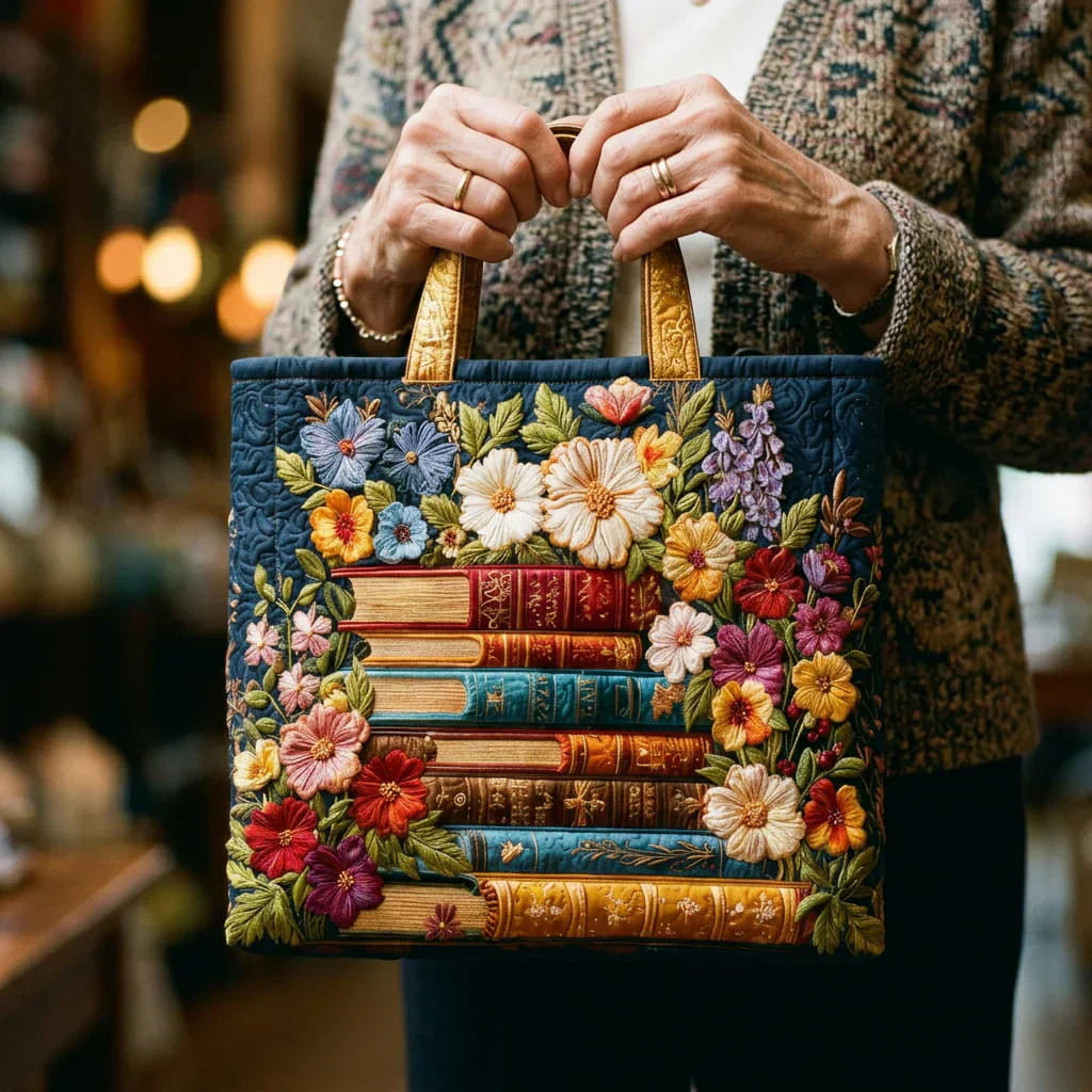Handmade Tote Bag – Floral Print and Books