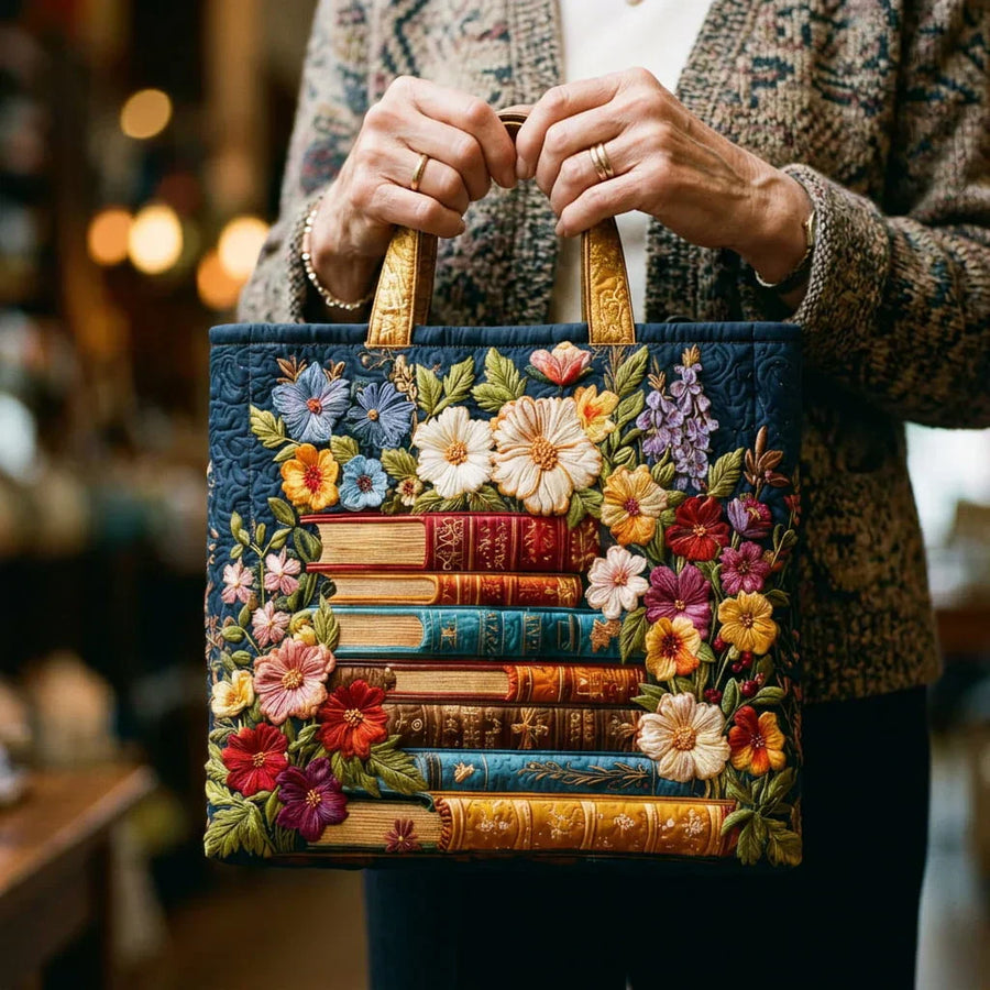 Handmade Tote Bag – Floral Print and Books
