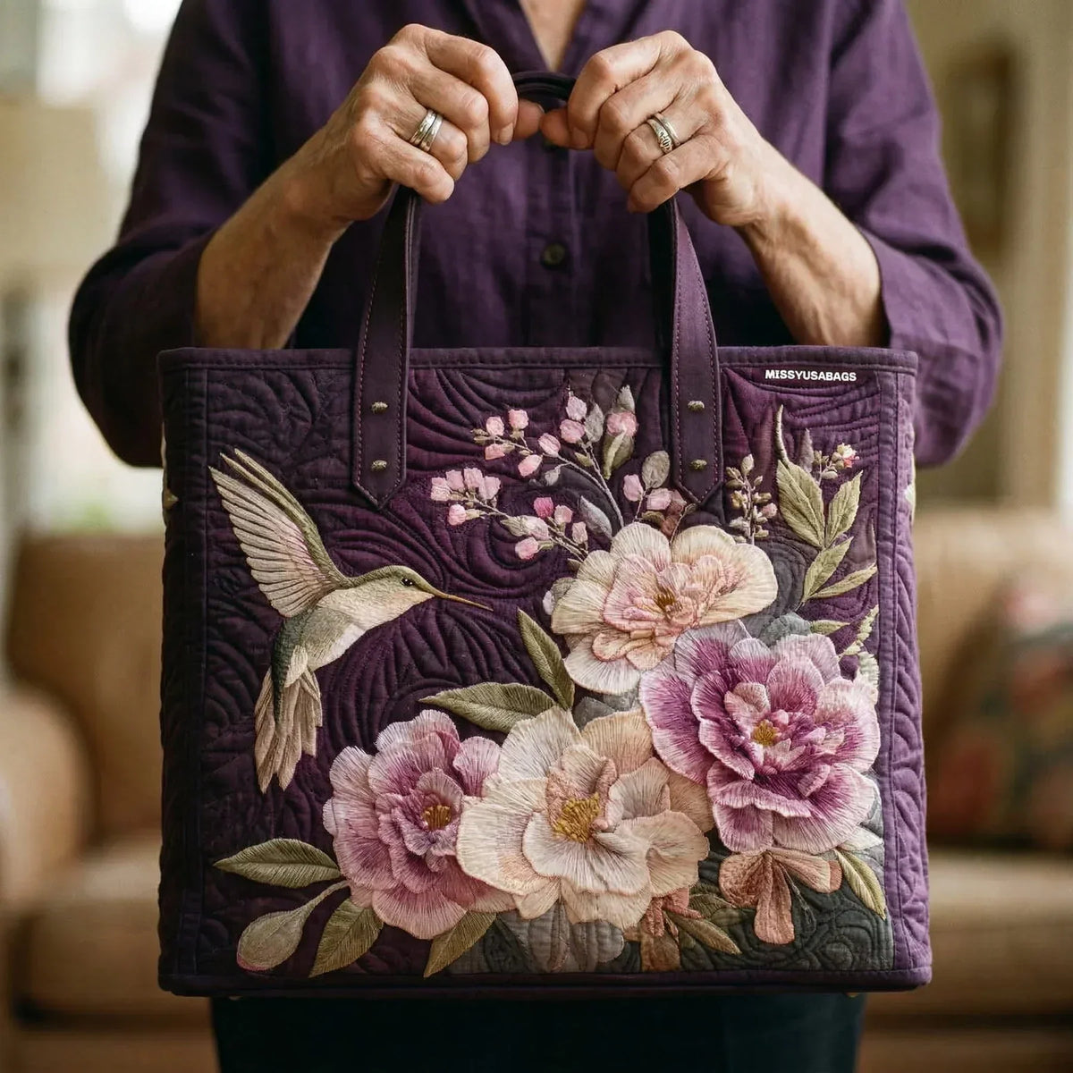 Quilted Artisan Bag - Hummingbird and Orchids