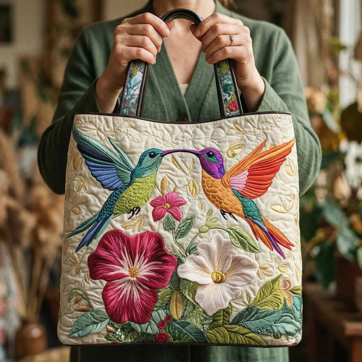 Quilted Tote Bag - Hummingbirds and White Flowers